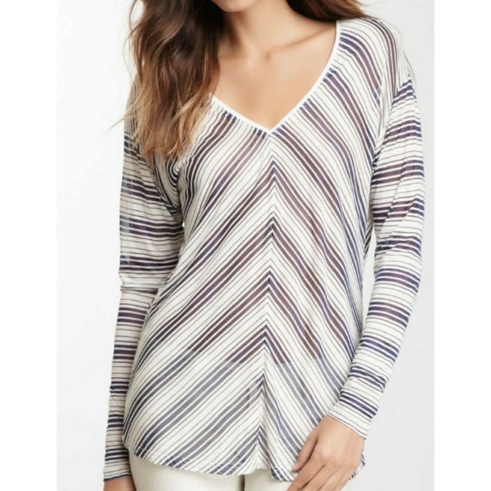 Nordstrom Missa Long Sleeve V-neck Lightweight Top Blue Ivory Diagonal Stripes L